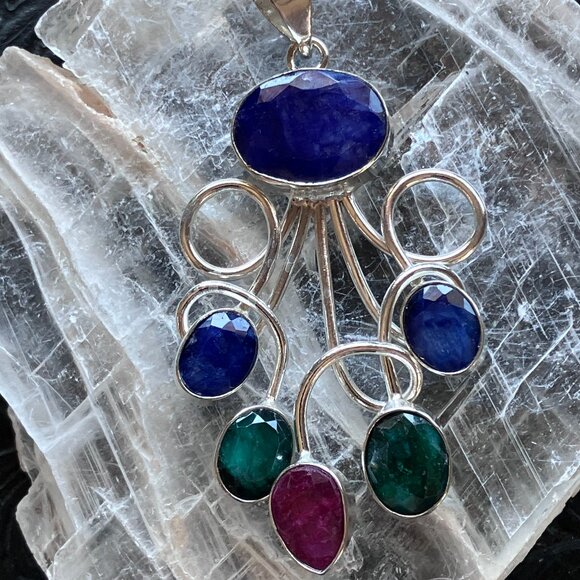 Simulated Sapphire Emerald and Ruby Gemstone Crystal Jewelry Swirl Pendant - Picture 1 of 6